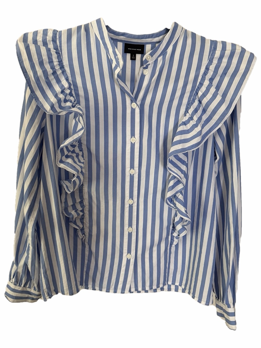 Who What Wear Blue White Striped Ruffle Sleeve Blouse